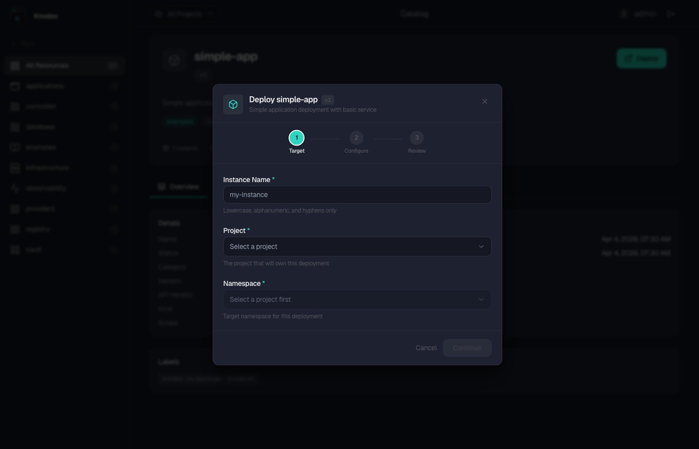 Deploy modal showing the schema-driven form with Target step