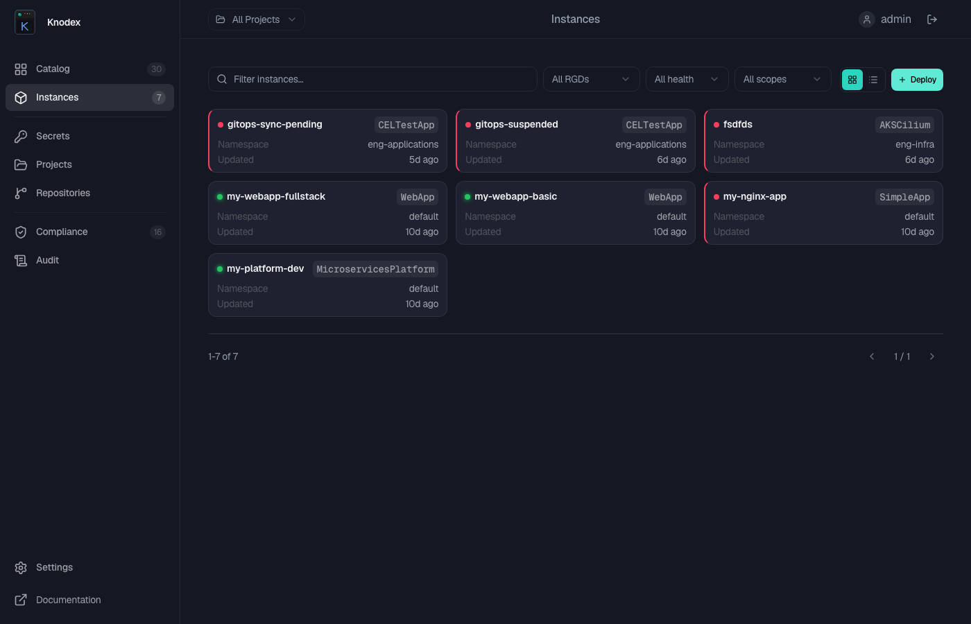 Instances page showing deployed instances with health status